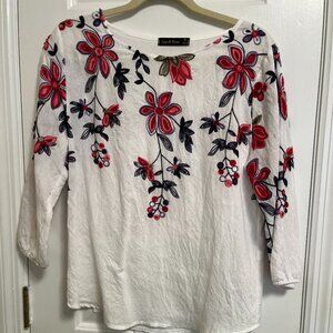 NWOT White Top with Red & Navy Embroidery